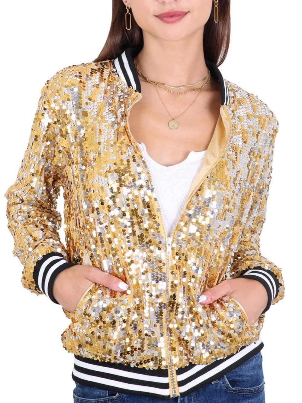 Anna-Kaci Gold Sequin Design Bomber Jacket Size Small NWT